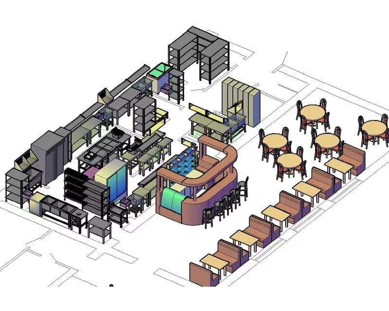 Проектирование расстановки оборудования ресторанов,  столовых,  баров и  3