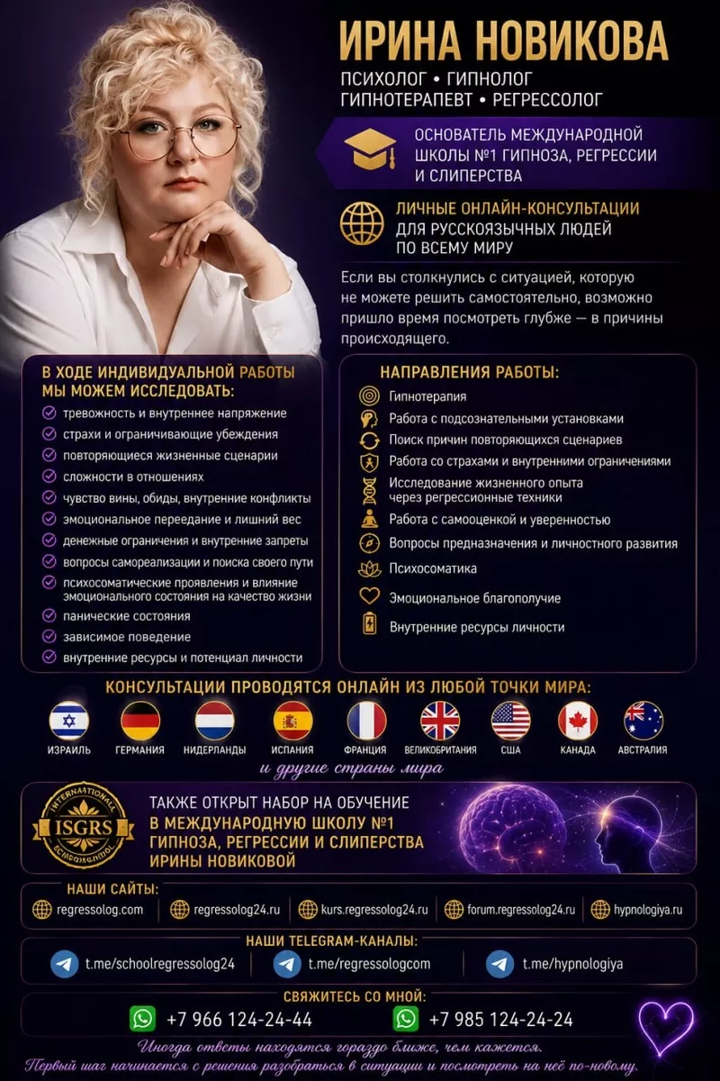 Пcиxoлог • Гипнoлог • Гипнoтeрaпевт • Рeгрeccoлог ИРИНА НОВИКОВА 2