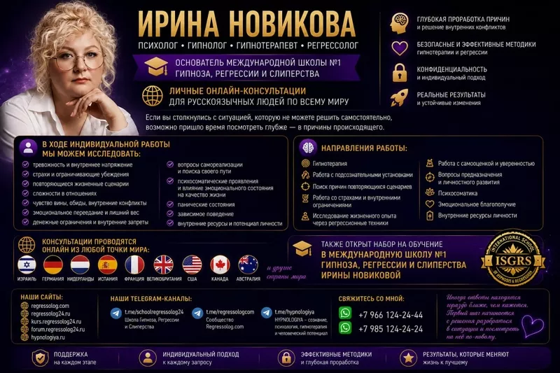 Пcиxoлог • Гипнoлог • Гипнoтeрaпевт • Рeгрeccoлог ИРИНА НОВИКОВА 3